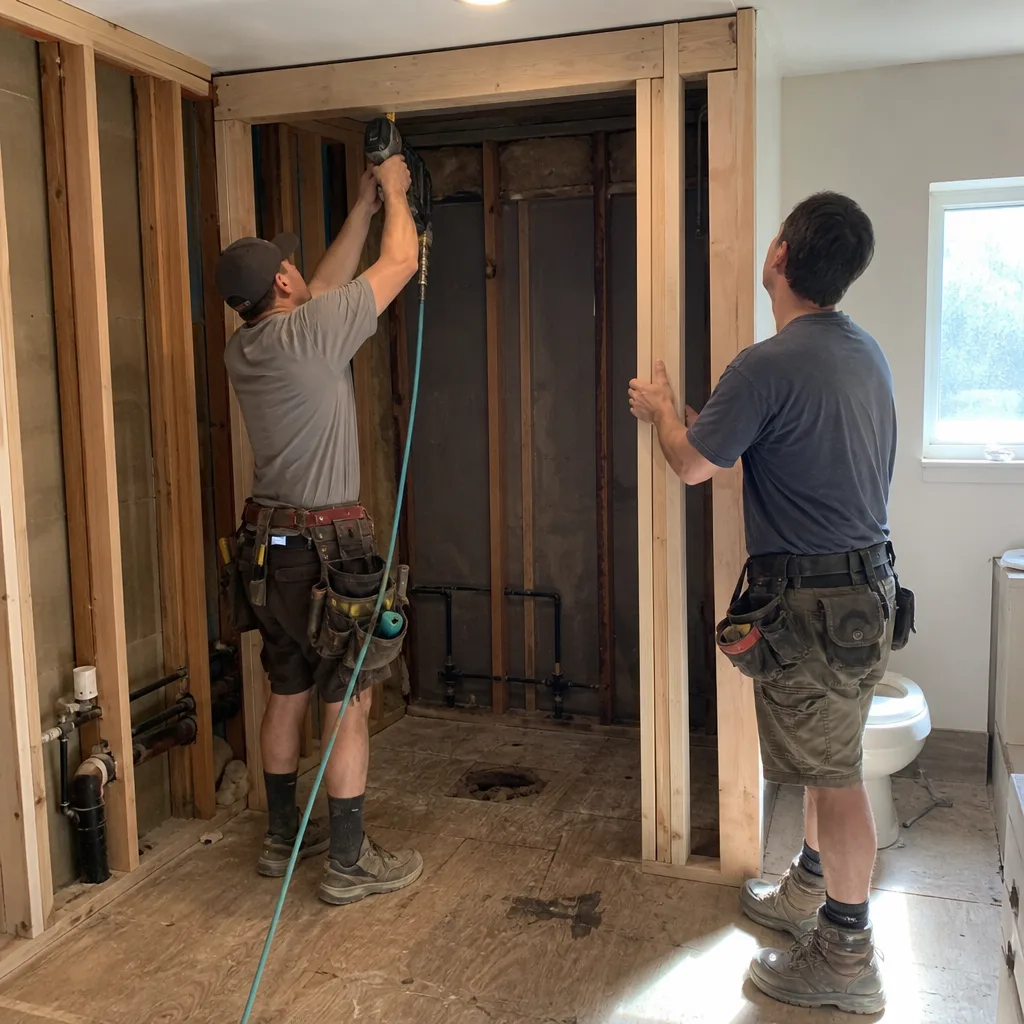Two construction contractors framing a wall during a bathroom renovation
