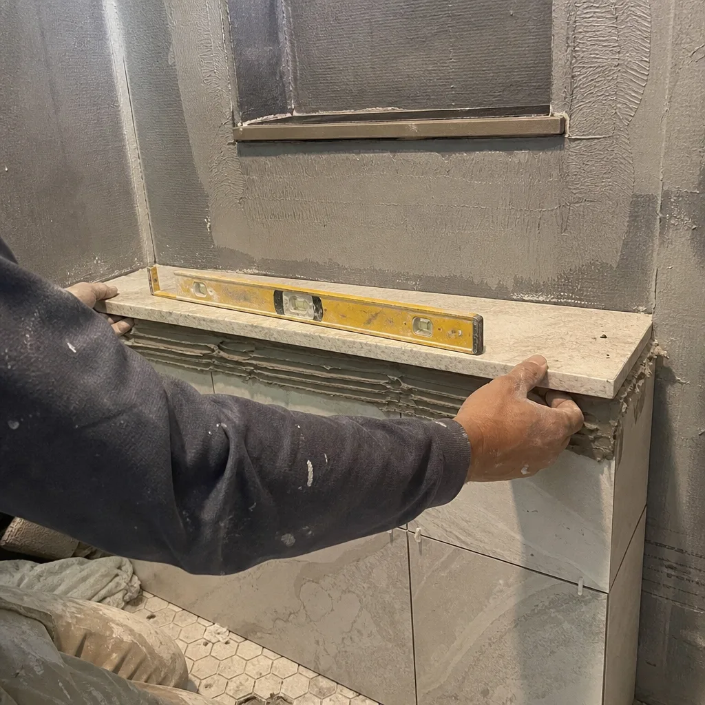 Professional contractor installing a stone countertop during a bathroom remodel