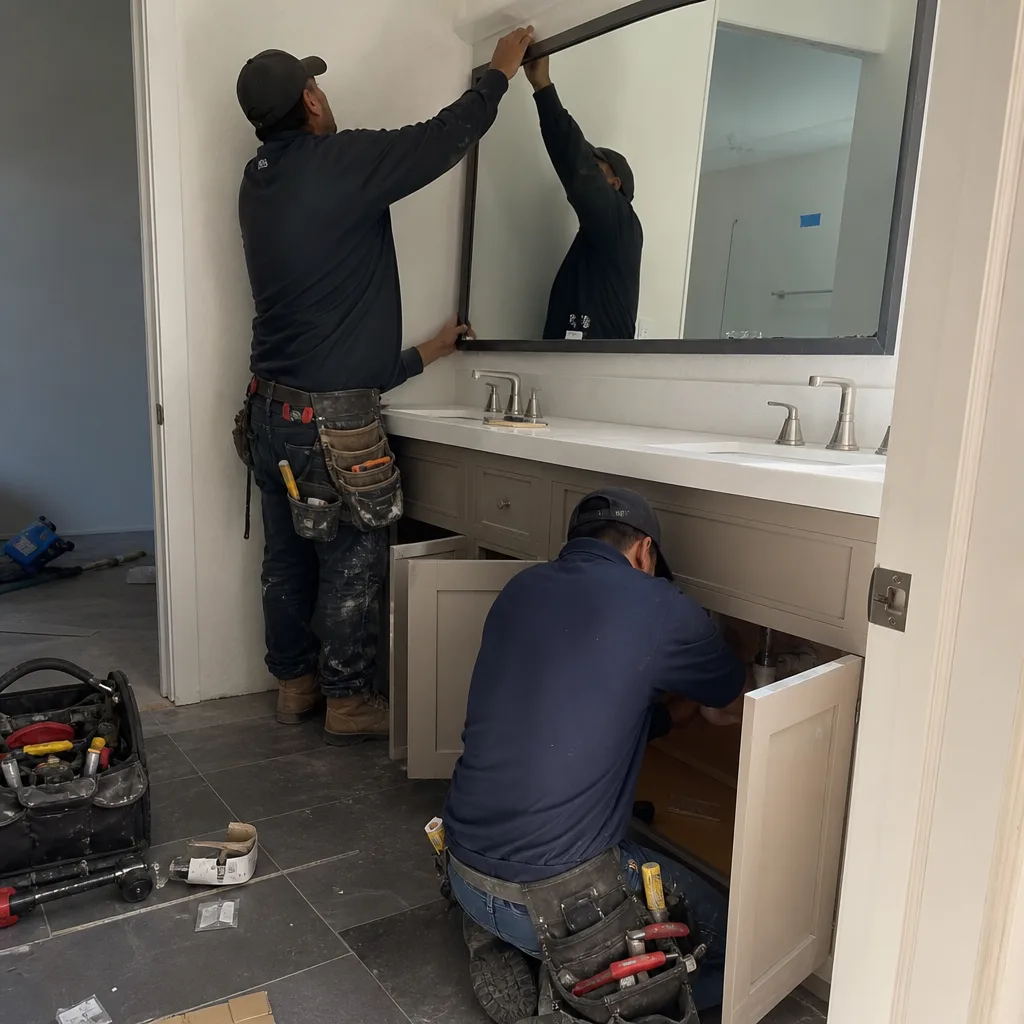 Two construction workers installing a bathroom mirror and vanity plumbing