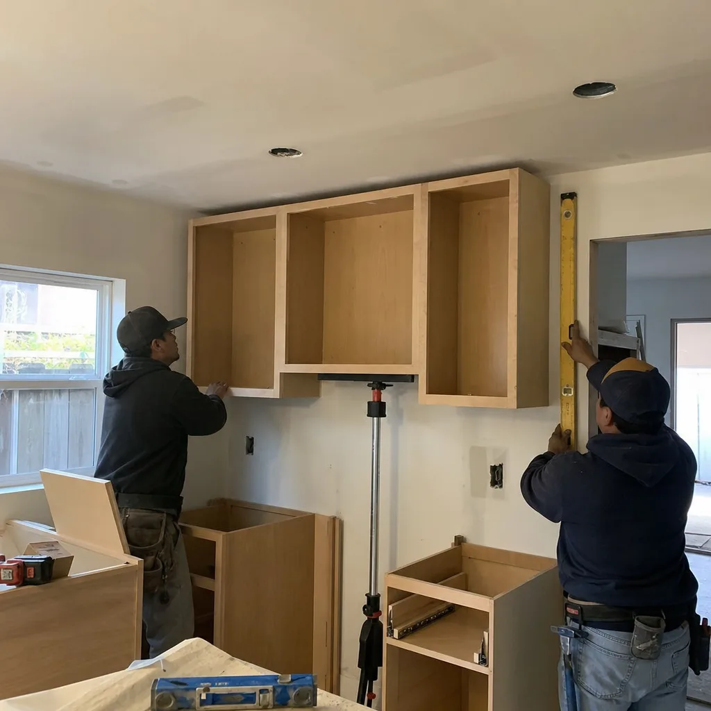 Two contractors installing wooden kitchen cabinets during a home remodeling project