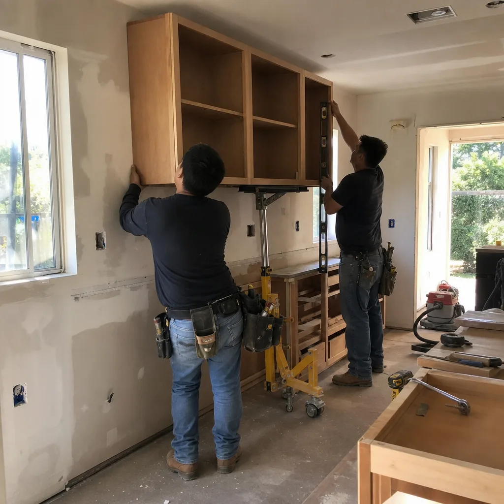 Two contractors installing wooden upper kitchen cabinets during a home renovation.