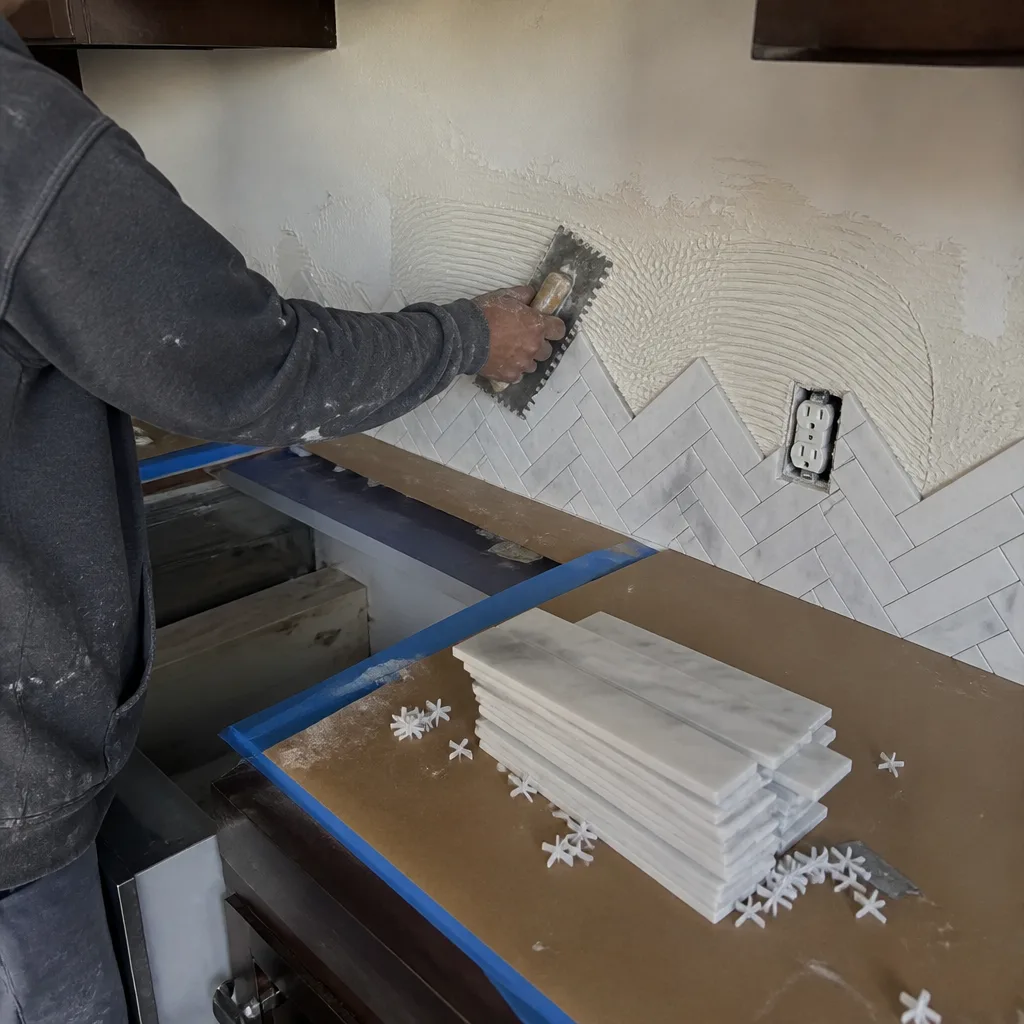 Professional tiling a marble herringbone backsplash during a kitchen remodel