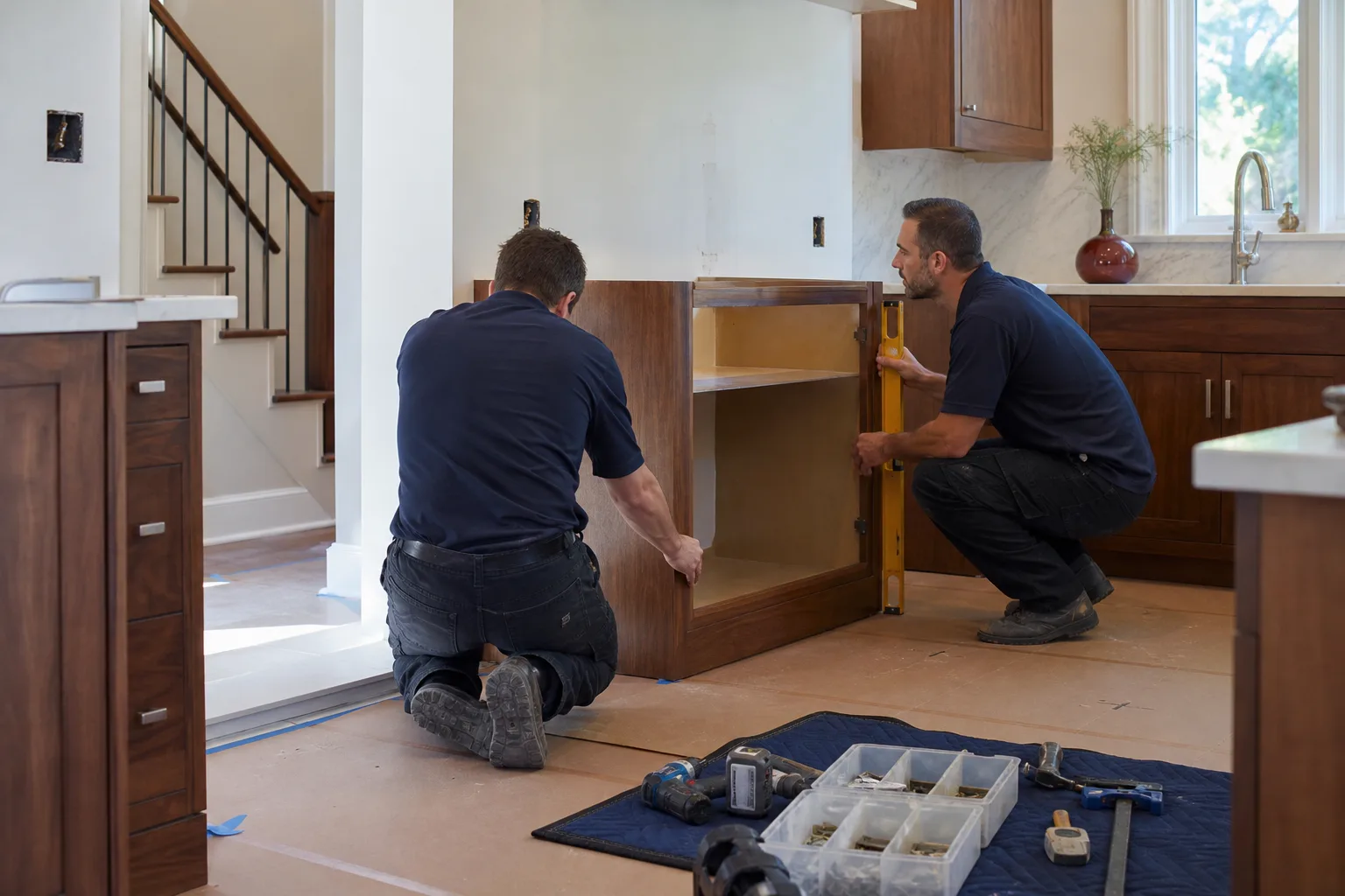 Installers leveling a new base cabinet during a kitchen remodel